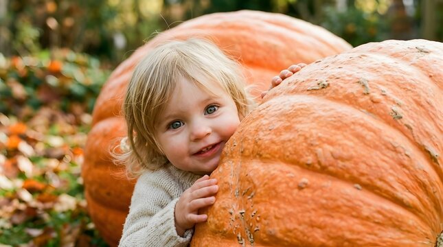 Happy blonde toddler hiding behind a giant orange pumpkin outdoors
