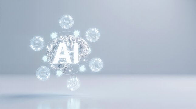 Glowing digital brain hologram with AI text and technological icons floating in a bright clean space, advanced artificial intelligence and machine learning concept