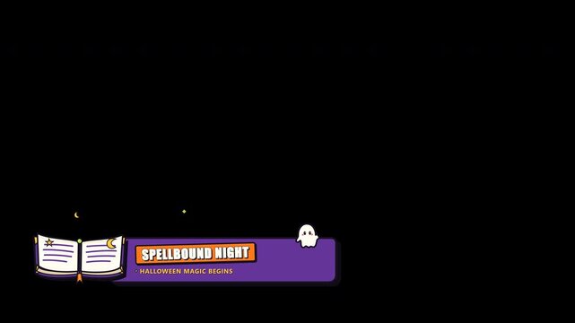Animated Halloween lower third graphic featuring a purple book, cute ghost, and moon illustration on a minimalist dark backdrop for videos
