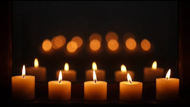 Row of lit candles reflecting in mirror creating bokeh lights, symbolizing remembrance and warmth in a dark setting.