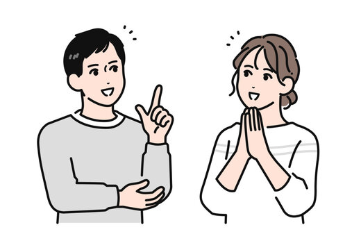 笑顔で喜ぶ30代夫婦のシンプルなベクターイラスト素材