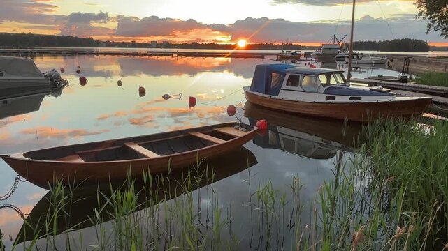 Idyllic lake with boats in romantic sunset, calm atmosphere through water and reflections, Karlsborg, G&ouml;ta Canal, V&auml;stra G&ouml;talands l&auml;n, Sweden