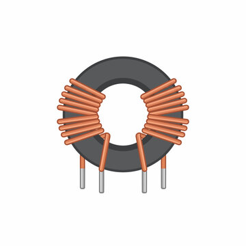 A single common mode choke with a dark ring-shaped core, two visibly separate copper windings wrapped around opposite sides and four short metal leads extending downward.