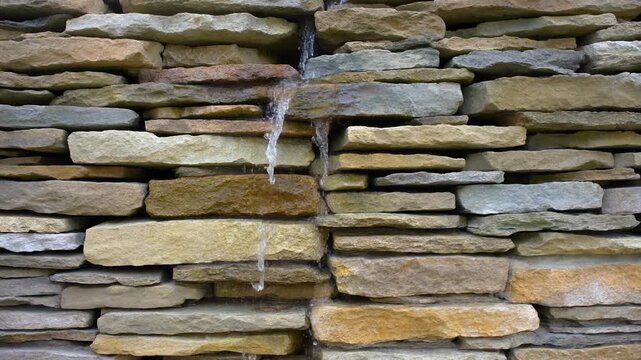空石積みの石の間を滴る水 シームレスループ動画背景 16:9 4K