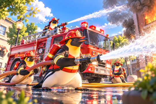 Emperor penguin firefighters battling a building fire with a fire truck