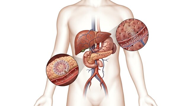 Human digestive system anatomy illustration, medical diagram of liver pancreas and duodenum, microscopic view of pancreatic islets and liver cells