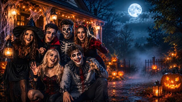 October 31 Happy Halloween Day Celebration with Spooky Decorations Costumes Jack o Lanterns and Bats