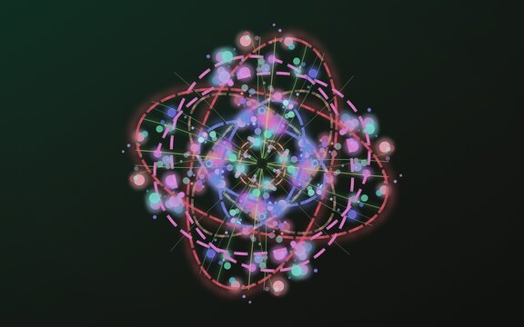 Quantum physics and atomic structure abstract illustration. Glowing pink orbital rings and multicolored particle dots. Modern particle physics research graphic for technology projects