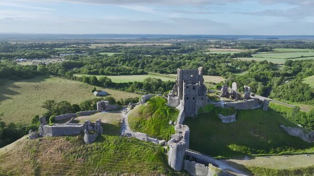 Ruins of Corfe Castle from a drone, Corfe Village, Purbeck Hills, Dorset, England, United Kingdom