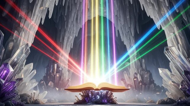 Magical Open Book Emitting Rainbow Light Beams in Crystal Cave