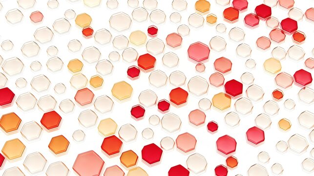 Reggaeton Floating three dimensional hexagon shapes in red, orange and cream on white background with soft shadows, modern geometric pattern for banner and packaging