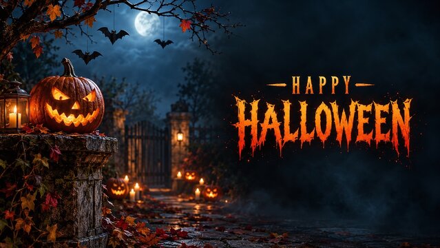 October 31 Happy Halloween Day Celebration with Spooky Decorations Costumes Jack o Lanterns and Bats