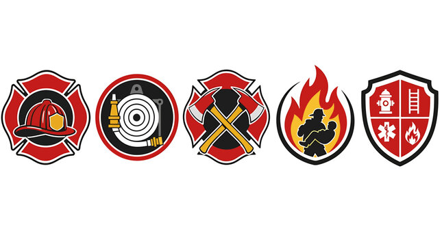 Firefighter badges and emblems set, red and black fire department vector icons, emergency rescue service maltese cross designs