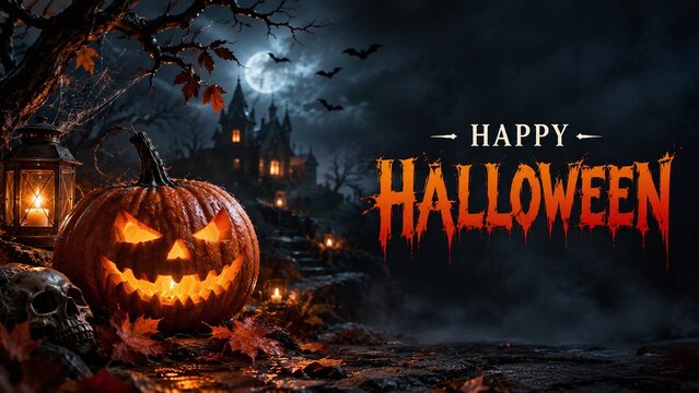 October 31 Happy Halloween Day Celebration with Spooky Decorations Costumes Jack o Lanterns and Bats