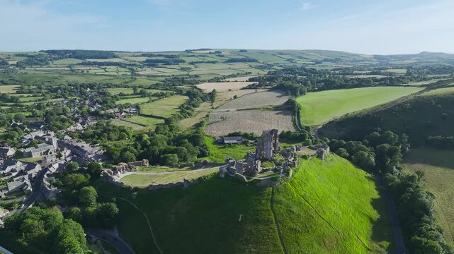 Ruins of Corfe Castle from a drone, Corfe Village, Purbeck Hills, Dorset, England, United Kingdom