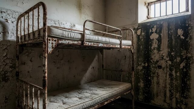 Creepy old prison cell with rusty bunk beds and peeling paint a story of confinement and despair