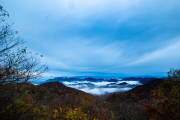 Sea of clouds drifting between autumn mountains under a blue morning sky in Nagano, Japan © tarou