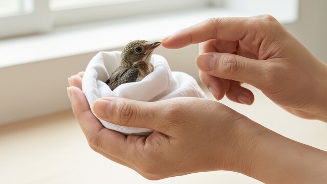 Animal - Caring person gently holding a baby bird in a white cloth in their hands