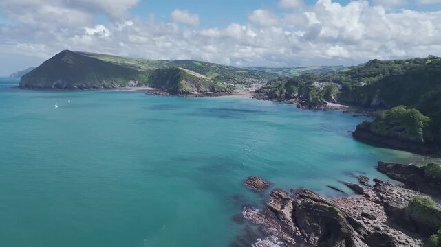 Combe Martin Beaches and Bay from a drone, Ilfracombe, Devon, England, United Kingdom