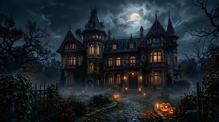 Obraz premium Spooky Haunted Mansion at Night with Full Moon and Fog.