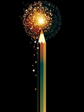 Illustration of a pencil tip exploding into a golden firework of sparks and dots on black background, symbol of inspiration, imagination and bold new ideas