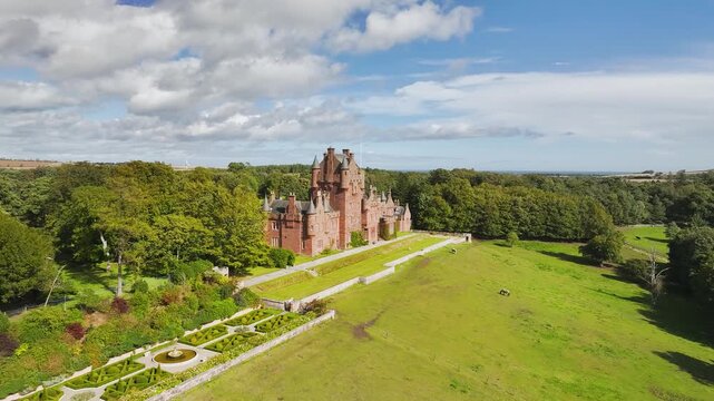 Ayton Castle from a drone, Ayton, Eyemouth, Scottish Borders, Scotland, UK