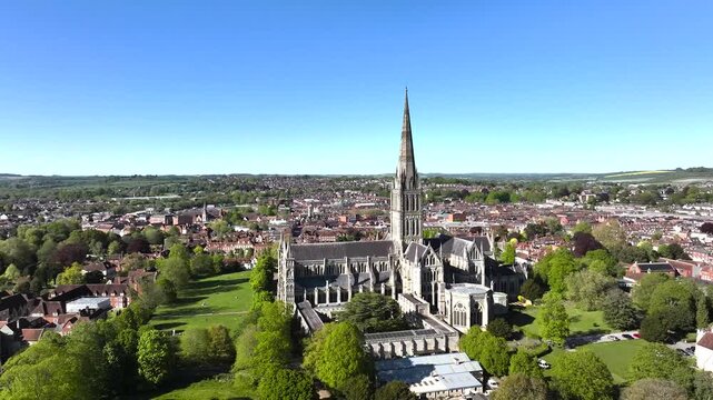 Salisbury Cathedral from a drone, Salisbury, Wiltshire, England, United Kingdom