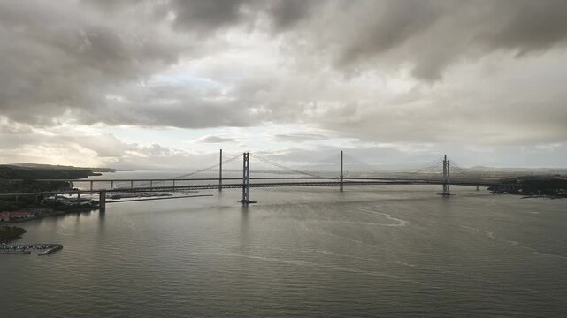 Forth Road Bridge and The Queensferry Crossing from a drone, Queensferry Crossing, Forth Estuary, Scotland, United Kingdom