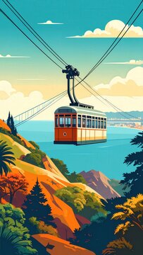 Tourism and travel adventure cable car transport over coastal landscape with scenic mountain views and ocean horizon for vacation and holiday marketing