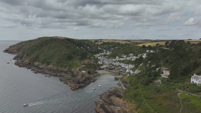 Polperro Harbour and Village from a drone, Polperro, Looe, Cornwall, England, United Kingdom