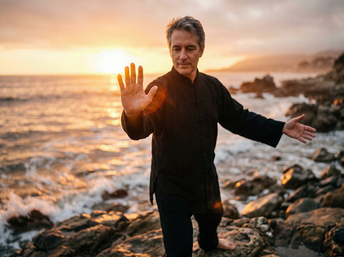 Middle aged man practicing tai chi on a rocky shore at sunset, peaceful martial arts by the ocean