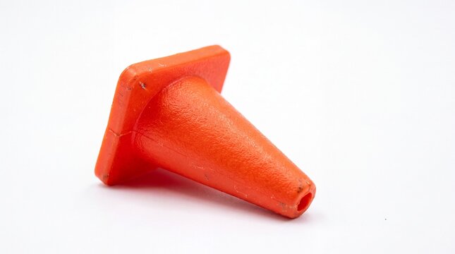 Traffic cone upside down orange safety marker plastic object lying down on white background