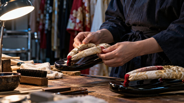 Wardrobe Staff Maintaining Traditional Japanese Zori Sandals