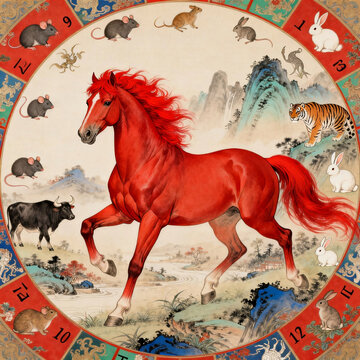 Chinese Zodiac Art with Majestic Red Steed