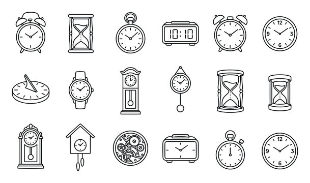 Clock and timer icons black outline set for time measurement use.