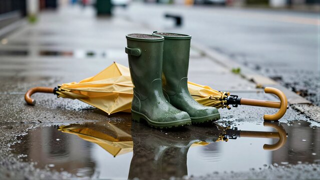 Green boots and yellow umbrella rest on wet pavement, reflecting in puddle.