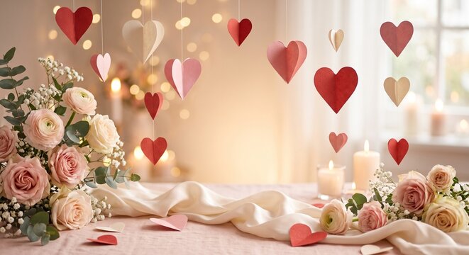 Valentines Day romantic table setting with hanging paper hearts and