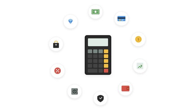 A 10-second premium 2D flat vector commercial animation of a calculator in the center, surrounded by 10 perfectly precise symmetrical financial subjects popping out on a white background.
