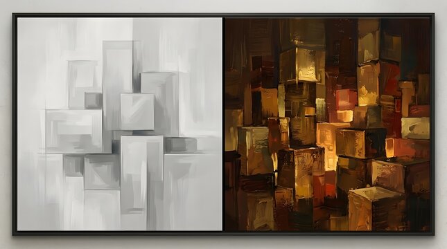 Abstract diptych featuring geometric shapes in grayscale and warm earth tones