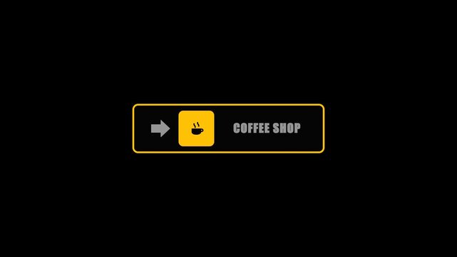 Animasi rambu kedai kopi dengan pergerakan panah dan teks presisi.