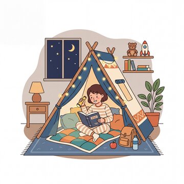 Young girl reading a book with a flashlight inside a cozy indoor teepee tent