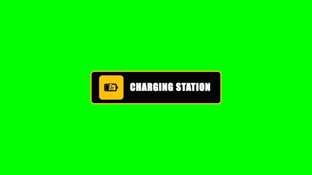 Animasi rambu stasiun pengisian daya dengan logo baterai terisi, berlatar green screen.