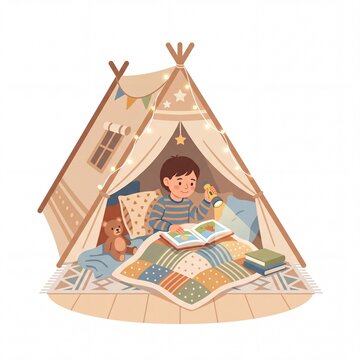 Young boy reading a book with a flashlight inside a cozy fabric teepee tent