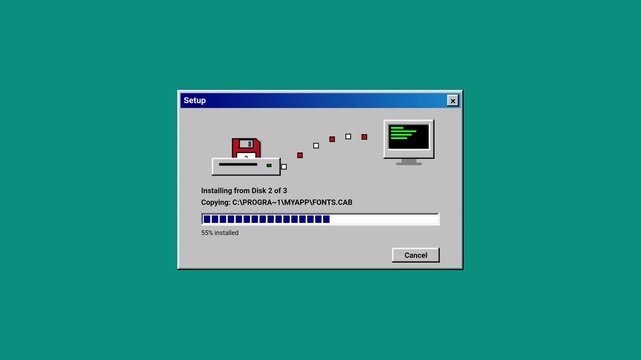 Retro 90s Computer Operating System Floppy Disk Software Installation Progress Animation