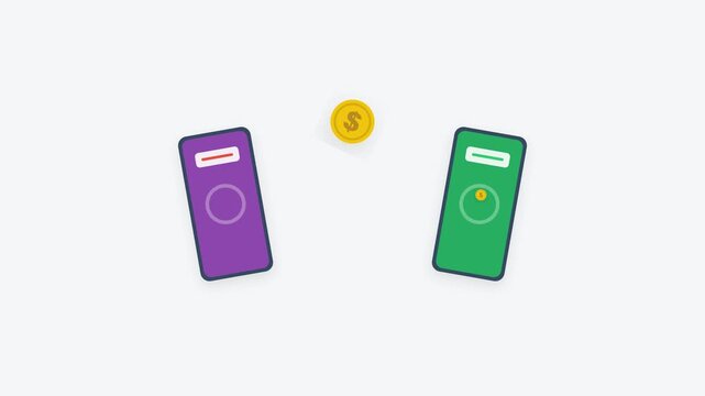 A 10-second seamless 2D flat vector animation of two smartphones transferring precise gold digital coins with clear $ symbols in a parabolic arc.