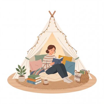 Young woman reading a book inside a cozy fabric teepee tent with pillows and lights