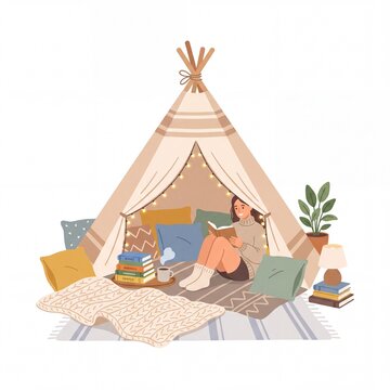 Young woman reading a book inside a cozy indoor teepee tent with string lights