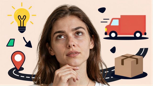 Woman contemplating delivery logistics, from idea to package drop-off.