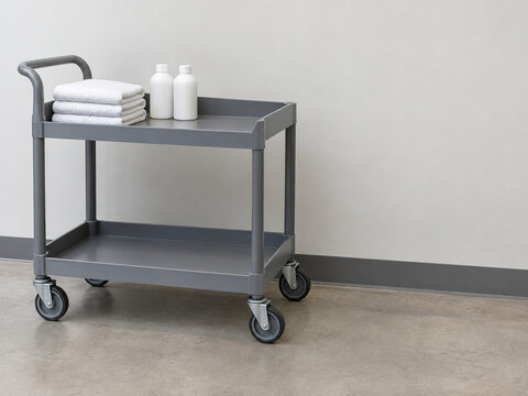 Housekeeping cart with folded towels and two unlabelled bottles