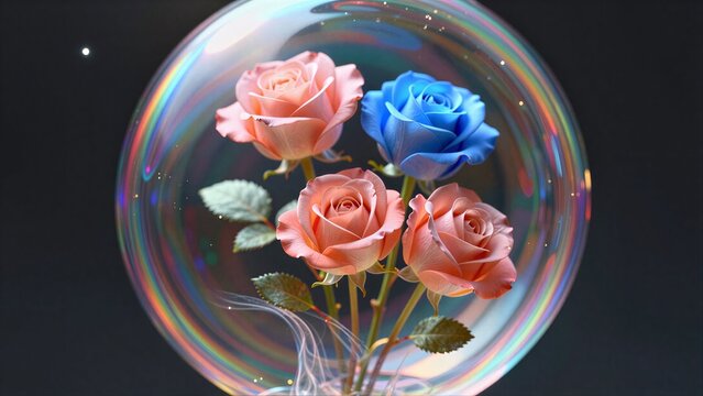 Pink roses and a blue rose inside a glowing, iridescent bubble.